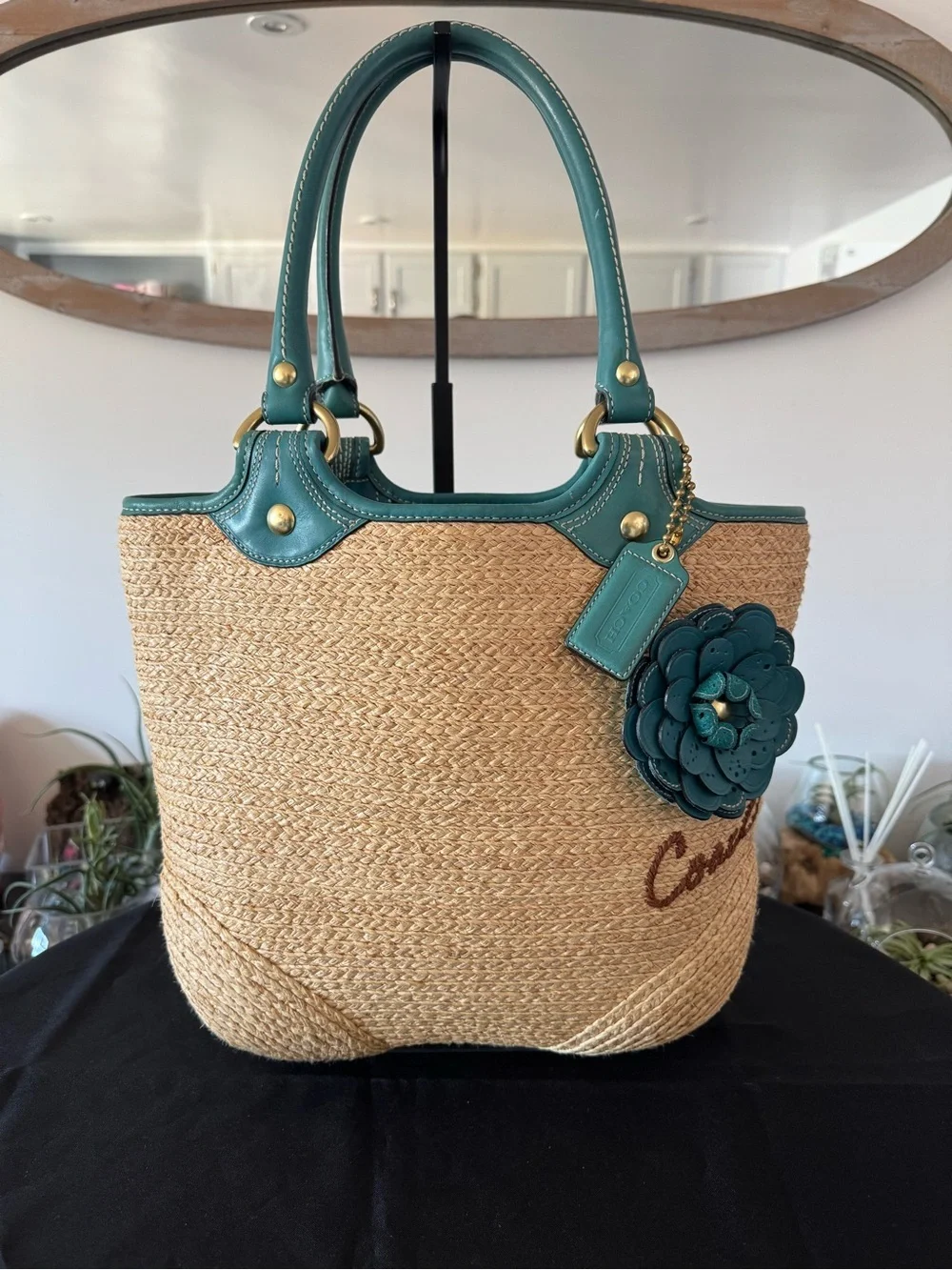 💚Coach Bleecker Straw Tote Teal Leather Flower Charm ☀️
